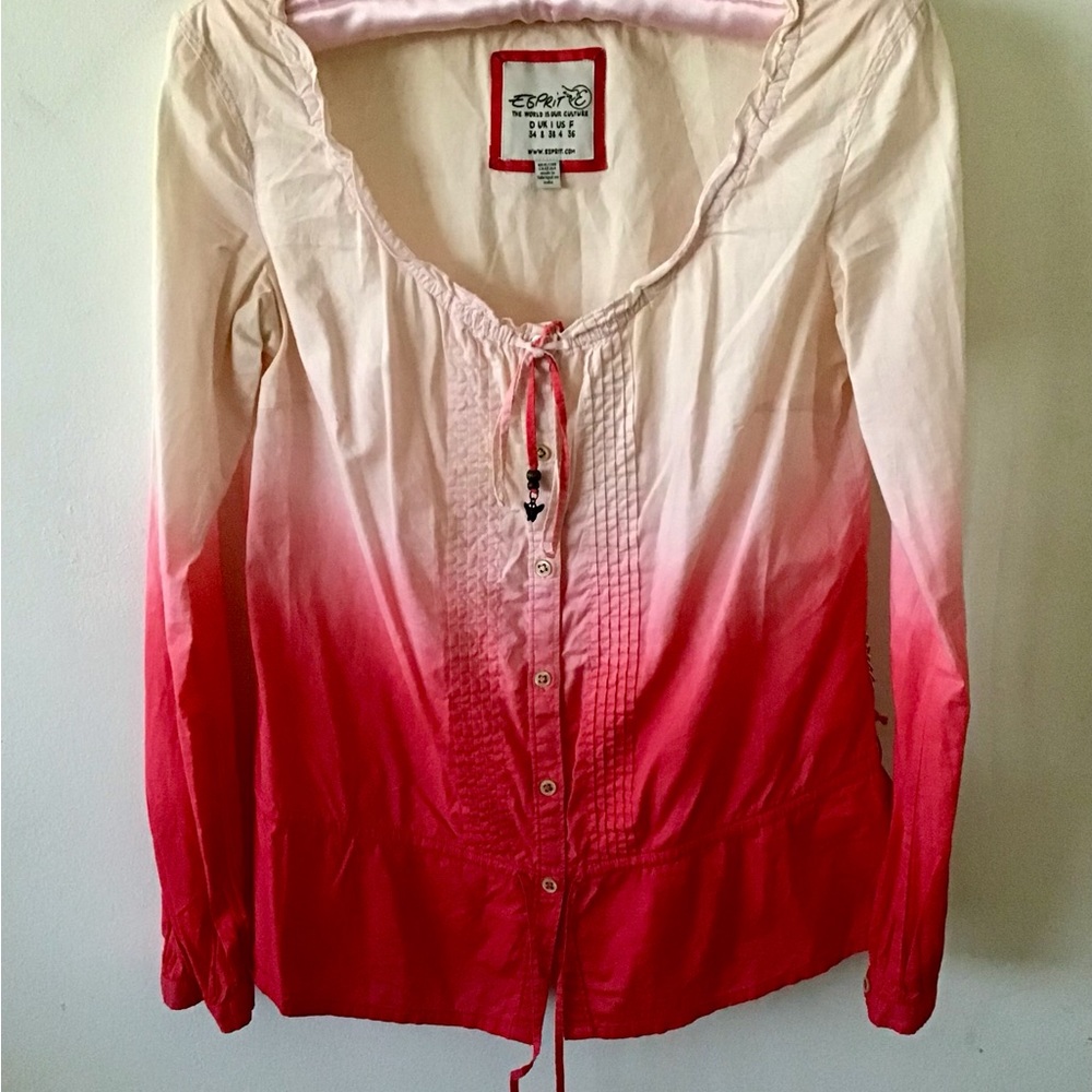 Esprit 100% cotton pink ombré, tie-dye long-sleeve blouse size 14